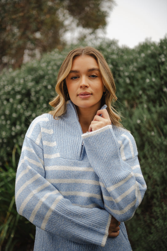 Bella Striped Zip pullover Cornflower/white