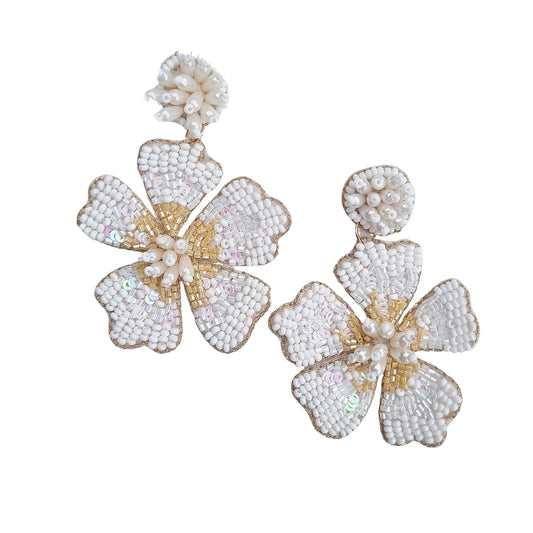 Large White Flower Beaded Earring