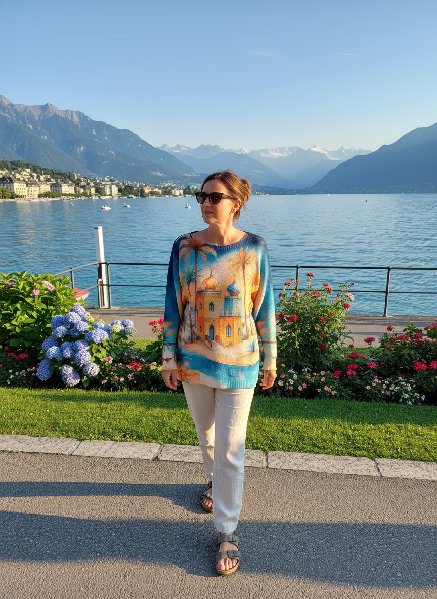 A woman strolls along a scenic lakeside, wearing the Isabella Palm Knit Top against stunning mountains.