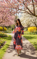 Model wearing the Aurora Dark Maxi dress Dark in a park with blooming cherry blossoms, showcasing spring elegance.