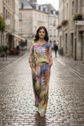 Woman in Scenic Digital Pants and colorful shirt walking down a charming street, showcasing comfort and style.