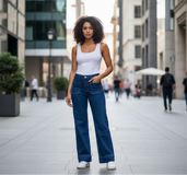 Model wearing Wanderer Jeans ink with a modern wide leg silhouette and high-rise waist, posing in a stylish urban setting.