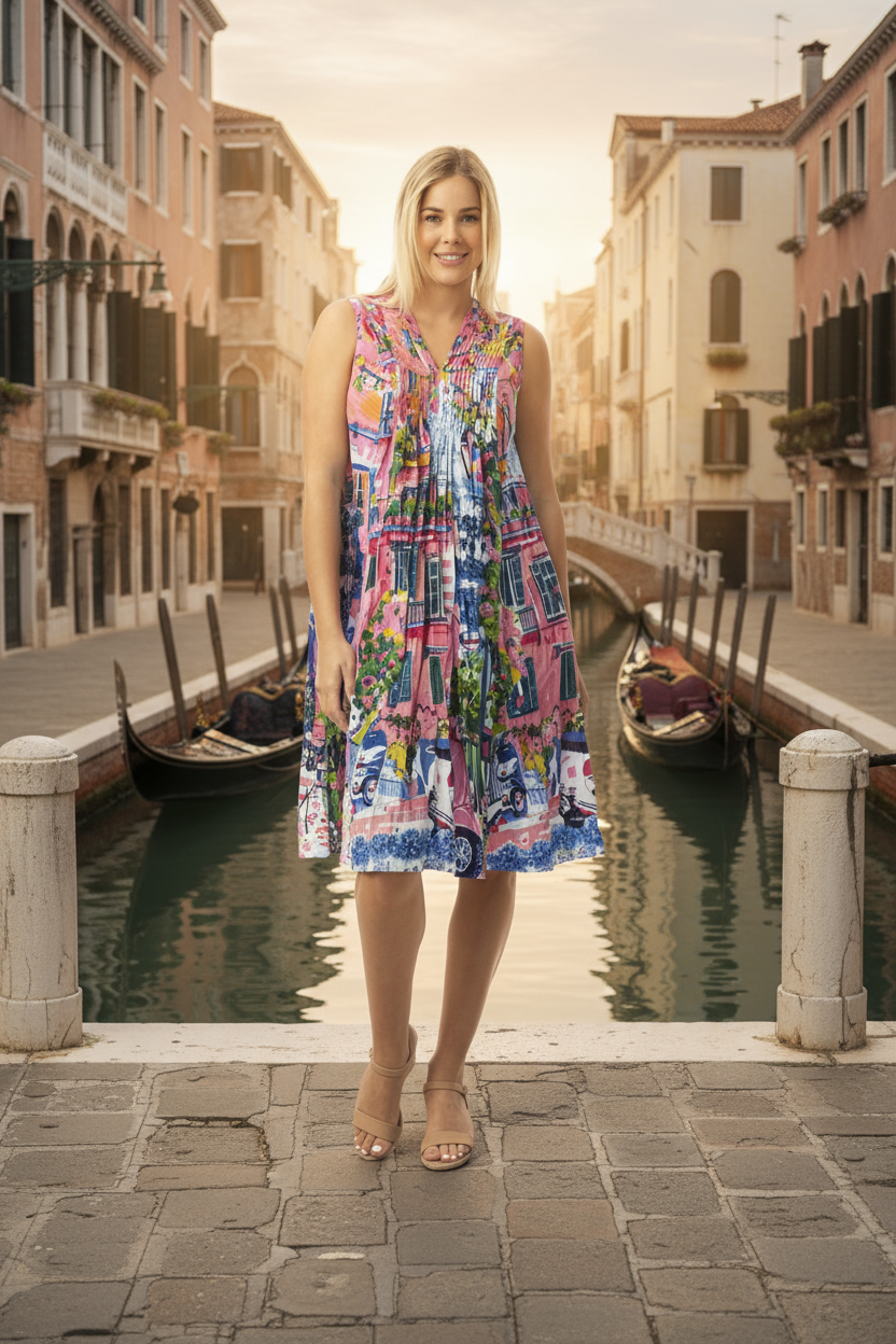Pleated V Cotton Dress -Scooter