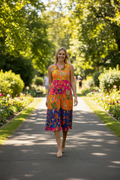 Model wearing the Miraflores Sleeveless Dress walking in a sunny garden pathway surrounded by vibrant flowers.