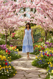 Model wearing Carla Sleeveless Dress Blue walking through a vibrant floral garden under blooming cherry trees.