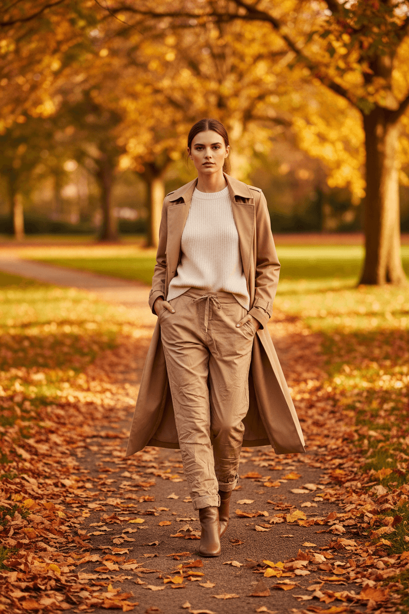 Model showcasing WL Shiny Crinkled Pant in a scenic autumn park with fallen leaves.