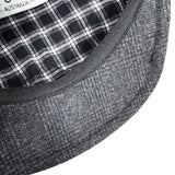 Wool Blend Plaid Flat Hat interior view showcasing dark grey and brown plaid design.