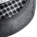 Wool Blend Plaid Flat Hat interior view showcasing dark grey and brown plaid design.