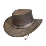 Stylish Crushable Leather Hat with twist band and chin strap for outdoor adventures.