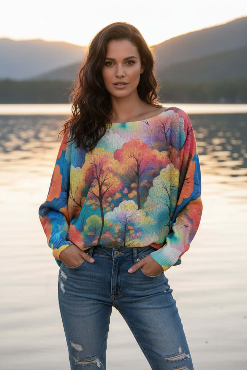 Model wearing a vibrant Tree Knitted top with colorful tree patterns by a lake at sunset.
