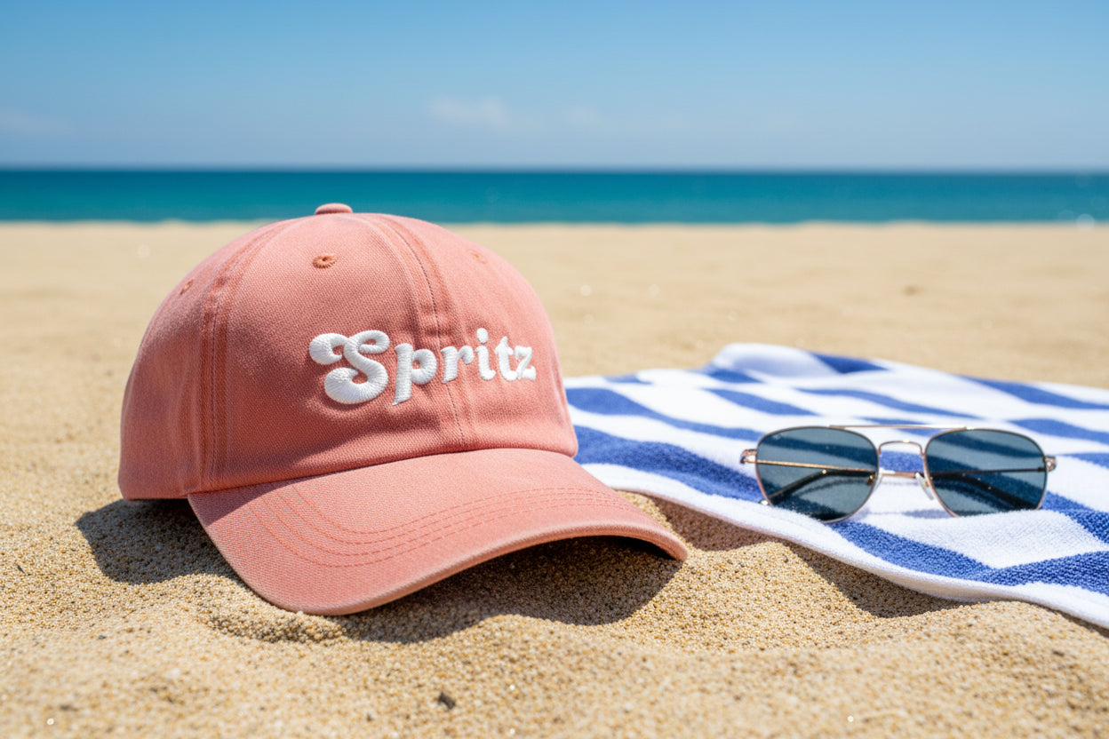 Joy Caps resting on sandy beach with sunglasses and towel, showcasing casual summer style.