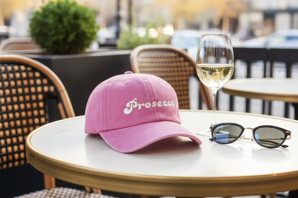 Joy Caps in pink with Prosecco embroidery on a table beside a glass of wine and sunglasses.