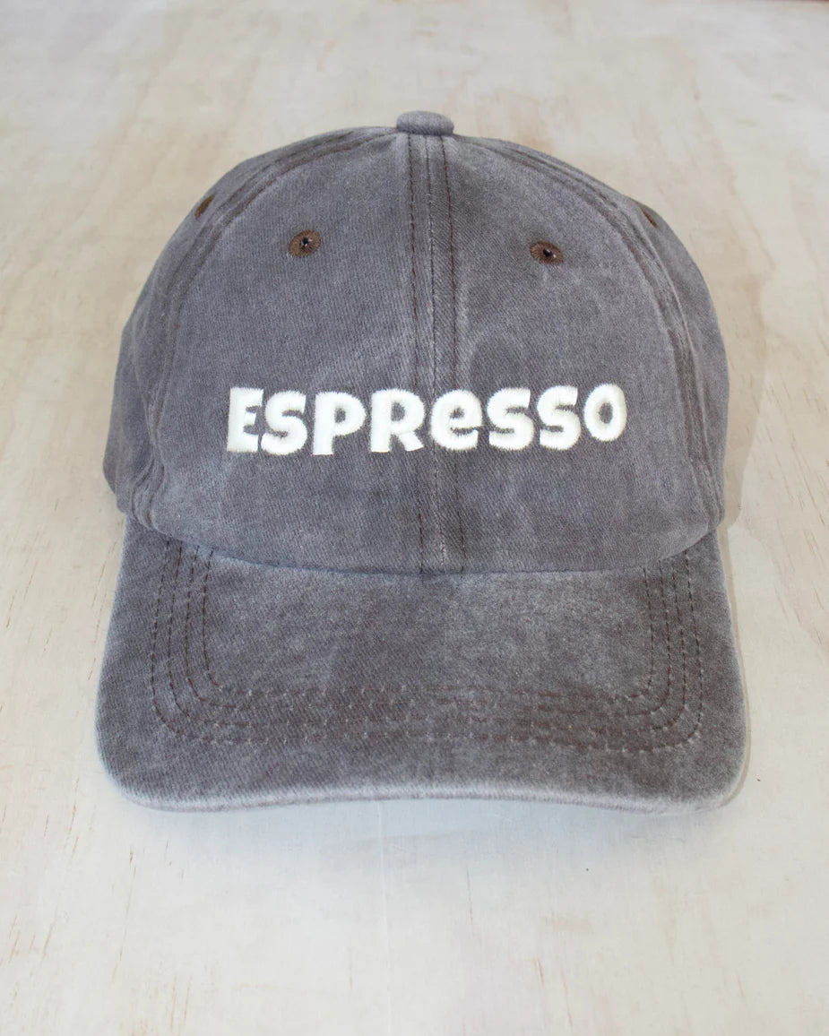Gray cap with embroidered 'Espresso' text on the front, perfect for casual wear.