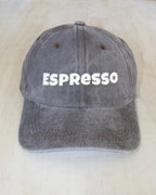 Gray cap with embroidered 'Espresso' text on the front, perfect for casual wear.