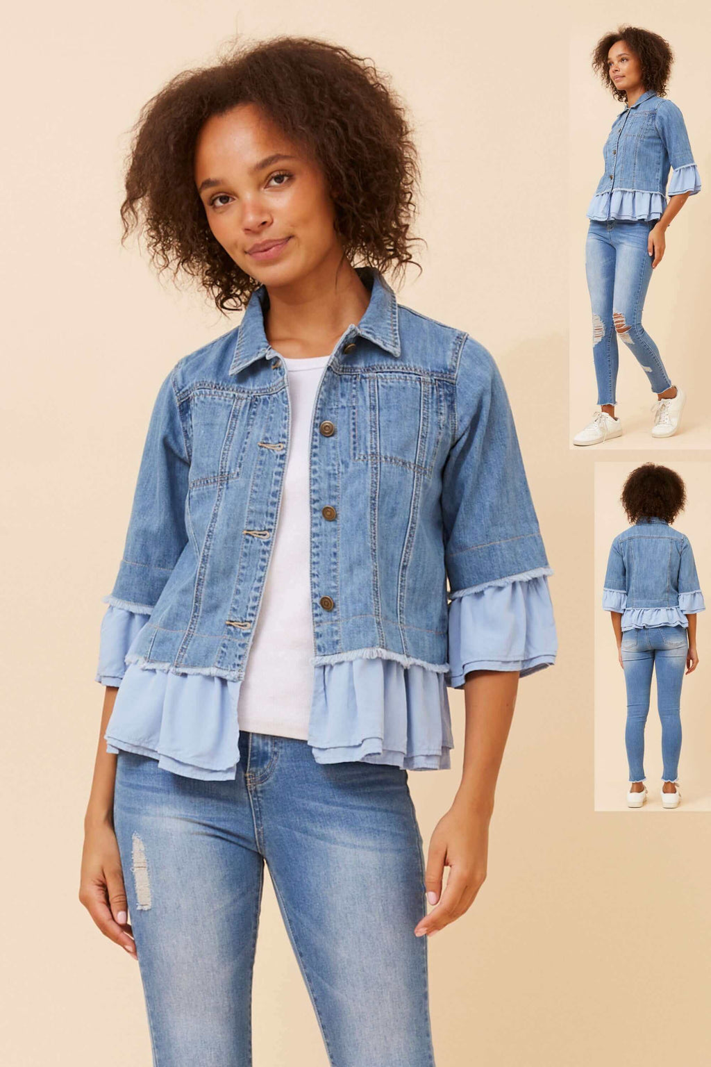 Marni Denim Jacket featuring feminine frill trim on 3/4 sleeves, perfect for elevating casual outfits.