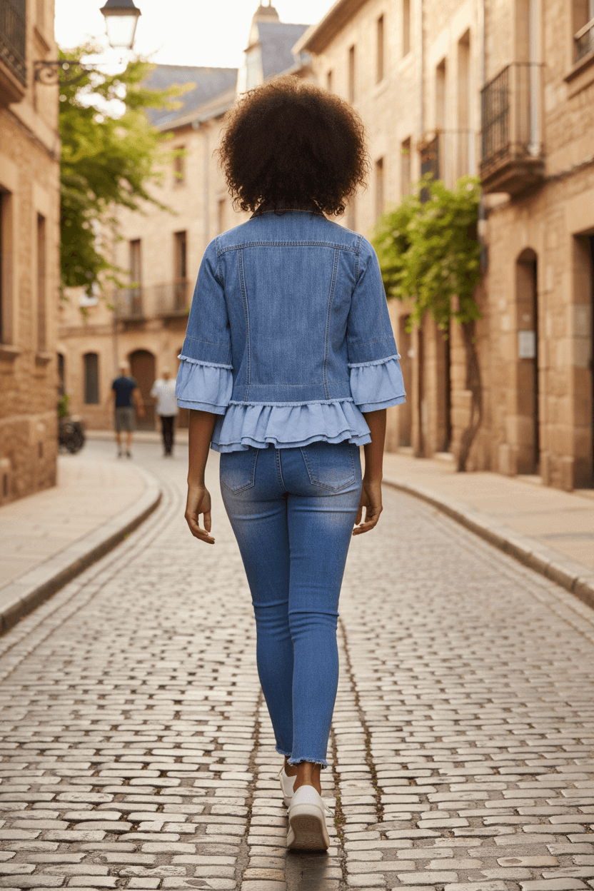 Woman walking in a Marni Denim Jacket with frill trim in a cobblestone street.