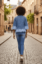 Woman walking in a Marni Denim Jacket with frill trim in a cobblestone street.
