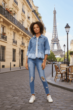 Model wearing Marni Denim Jacket in front of the Eiffel Tower, showcasing its stylish frill trim details.