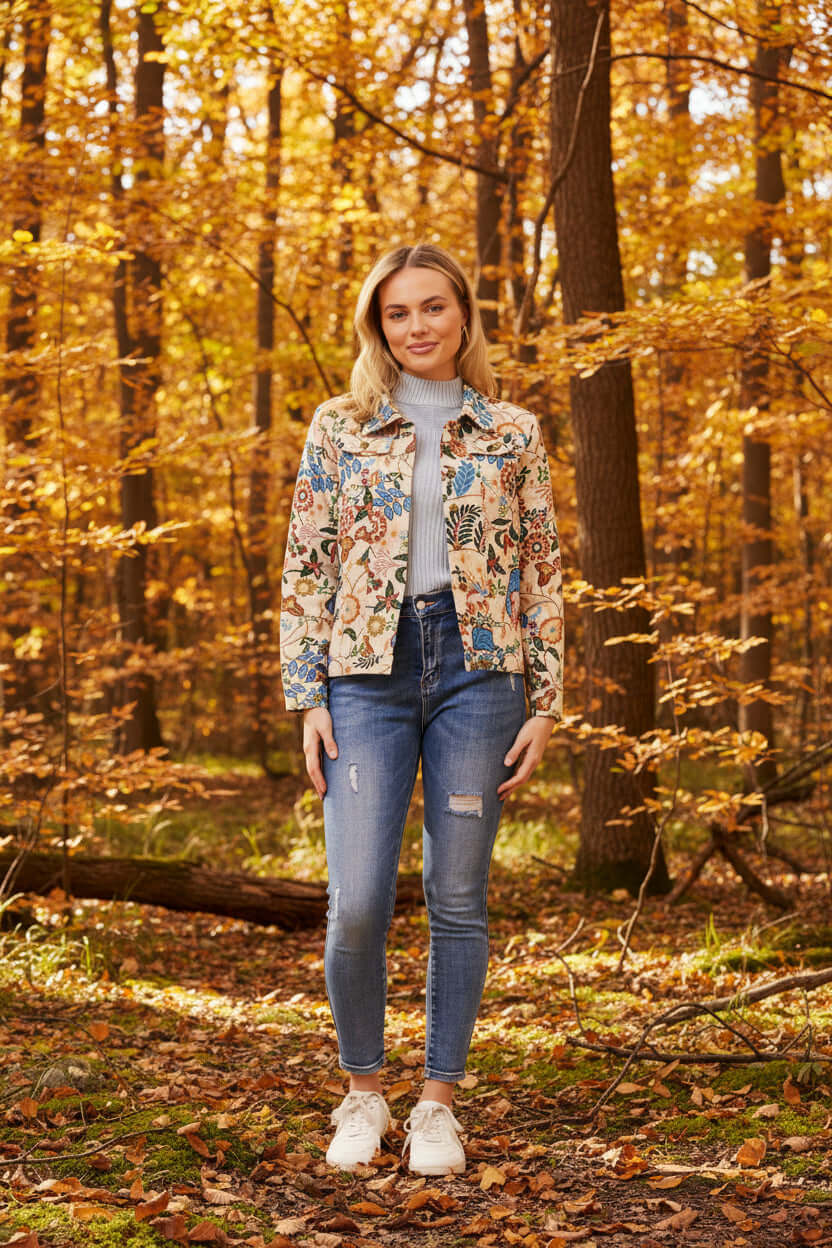 A model wearing the CKM Tapestry Jacket in a colorful autumn forest, showcasing its classic collar and versatile style.