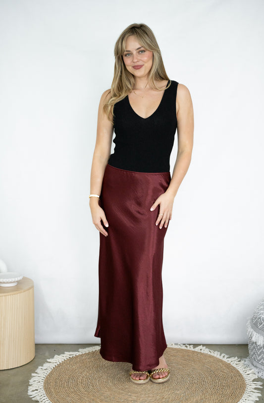 SIS Satin Skirt Burgandy