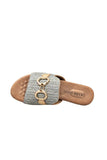 Kandy Raffia Slides featuring Laguna Quays woven synthetic material, cushioned sole, and gold hardware.