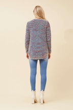 Model showcasing the back of the Sunniva Multi Knit jumper, featuring a colorful striped design and casual style.