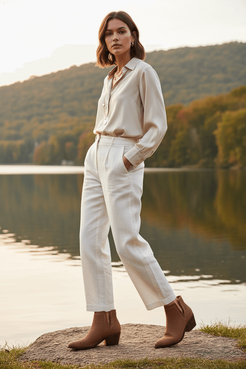 Kani Boot Los Cabos -Caramel styled with a chic outfit by the lake, showcasing its elegant design and versatility.