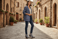 Model wearing Kani Boot Los Cabos -cloud blue stylishly in a charming cobblestone alley.