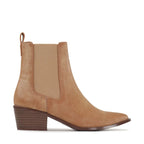 Kansley Boot in tan suede with elastic side panels and a stacked heel, perfect for all-season wear.