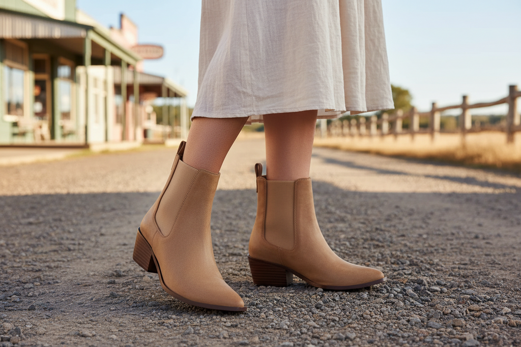 Kansley Boot in tan worn by a woman standing on a gravel road, showcasing its chic Chelsea silhouette.
