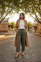 Woman in khaki pants and a long coat showcasing the stylish Kansley Boot in a scenic autumn setting.