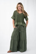 Tania Pants featuring a linen tiered wide leg design and shirred waist in khaki, perfect for stylish comfort.