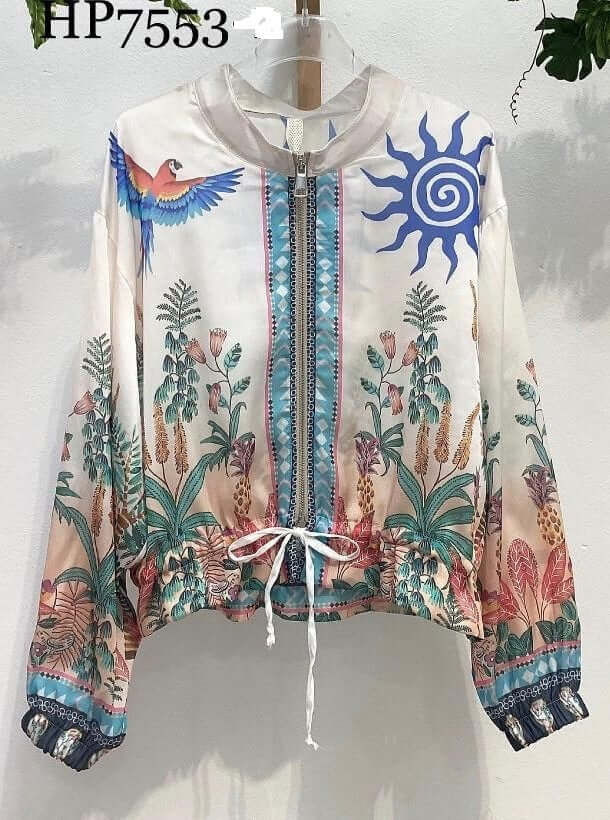 Caterina Zip jacket featuring vibrant floral patterns and zip-front design, ideal for casual wear.