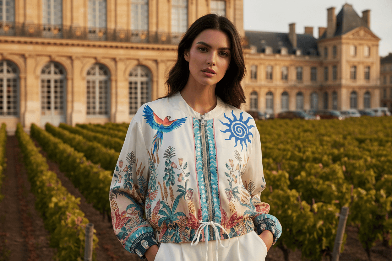 Caterina Zip jacket worn by a model in a vineyard setting, showcasing vibrant embroidery and luxe design.