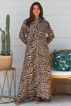 Leopard Maxi Shirt Dress on model, showcasing bold print and relaxed silhouette, perfect for stylish comfort.