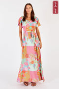 Carmargue Maxi Dress Candy with vibrant floral patterns and belted waist, perfect for summer style, on sale.
