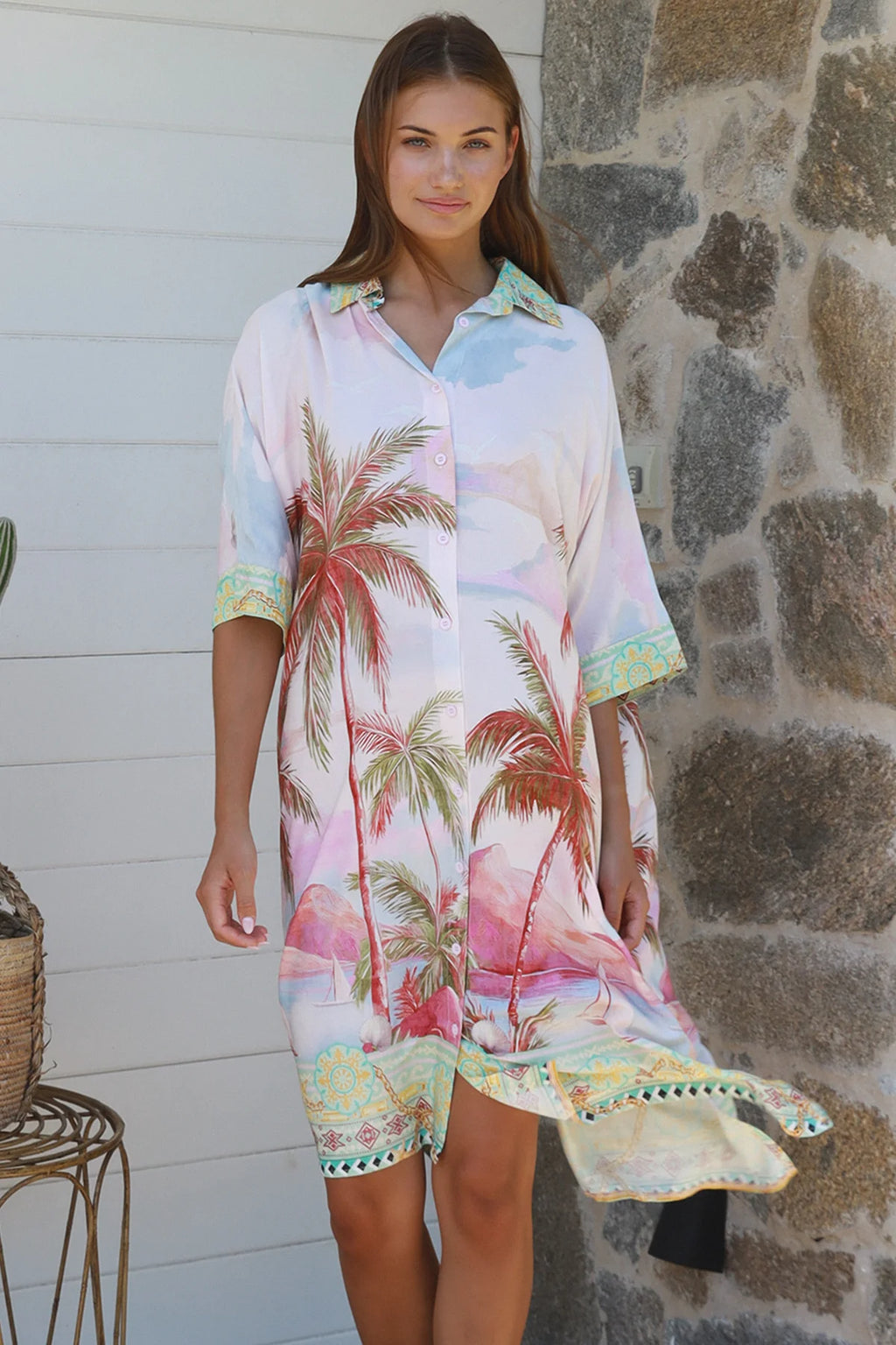 Isabella Shirt Dress featuring vibrant palm tree print, perfect for casual summer outings and beach days.