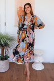 Model wearing the Anya Midi Dress with floral print, V-neck, and 3/4 sleeves, showcasing a relaxed fit.