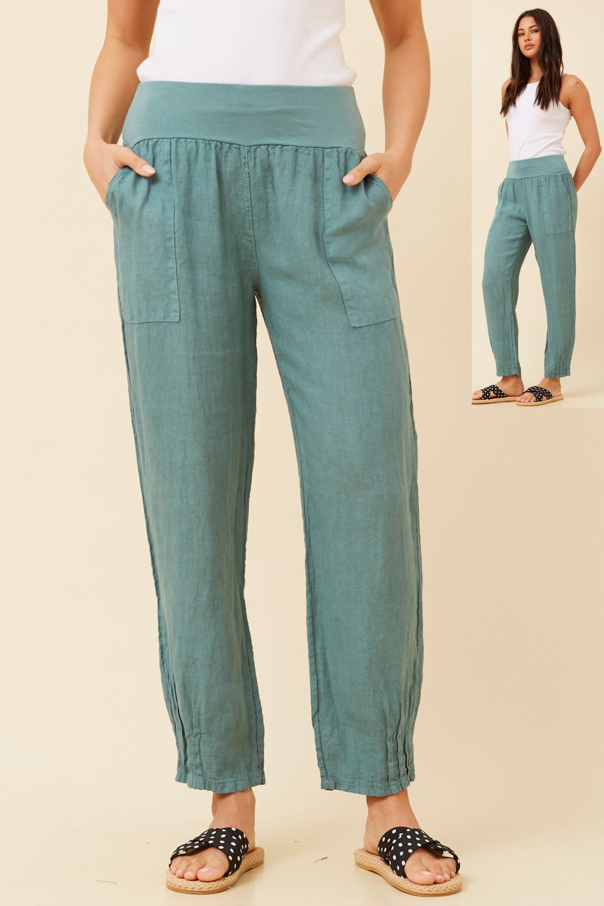 Roma Linen Pants by Bottega Moda in teal with elastic waistband and front patch pockets.