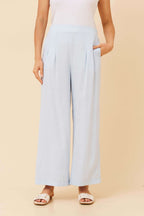 Linen Blend Wide Pants in light blue with elegant pleating and pockets for summer style.