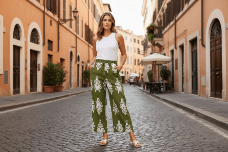 Model wearing Ida Wide leg pants in green pattern, showcasing effortless elegance in a stylish urban setting.