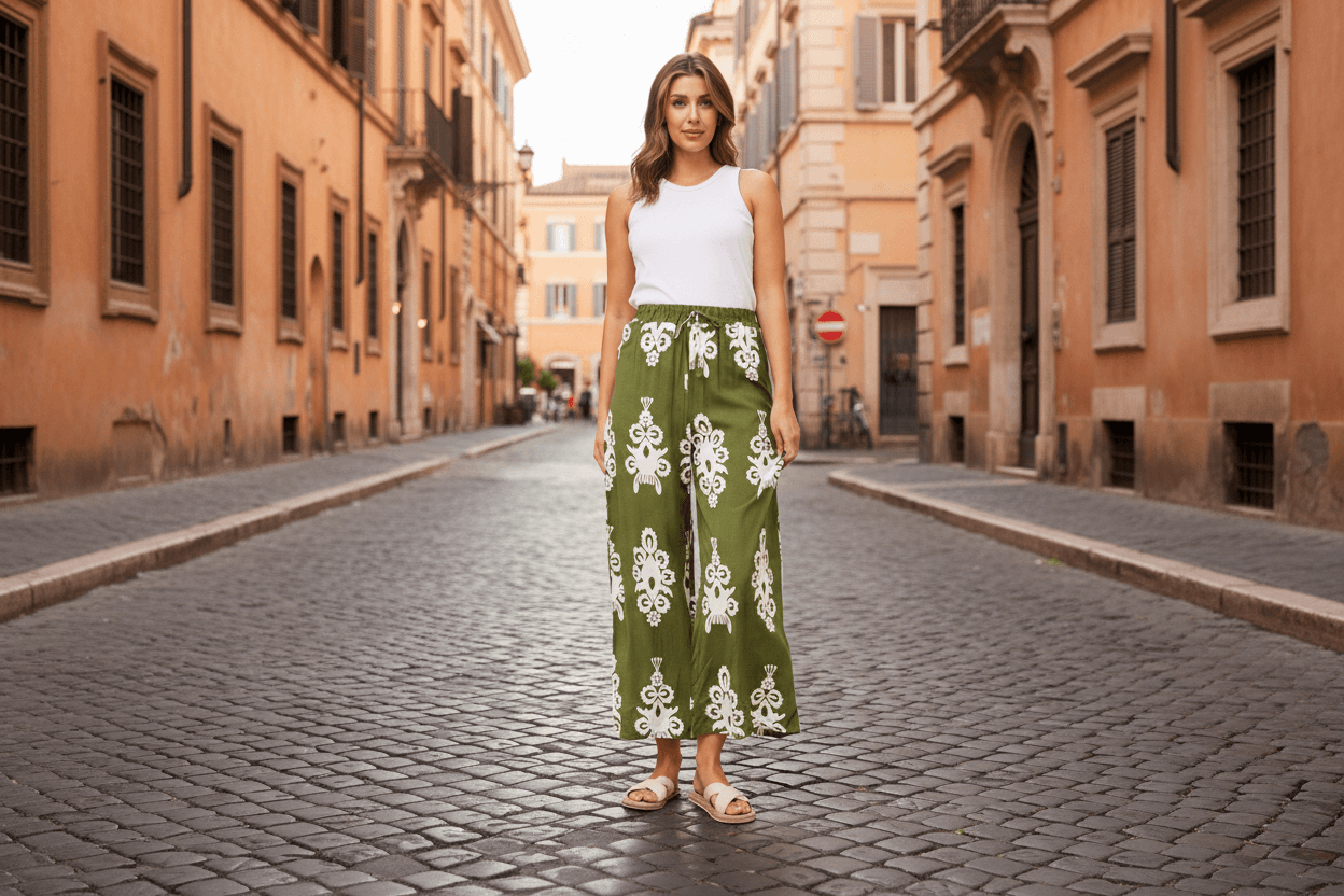 Ida Wide leg pants displayed on a model in a charming street, showcasing a stylish green fabric and elegant design.