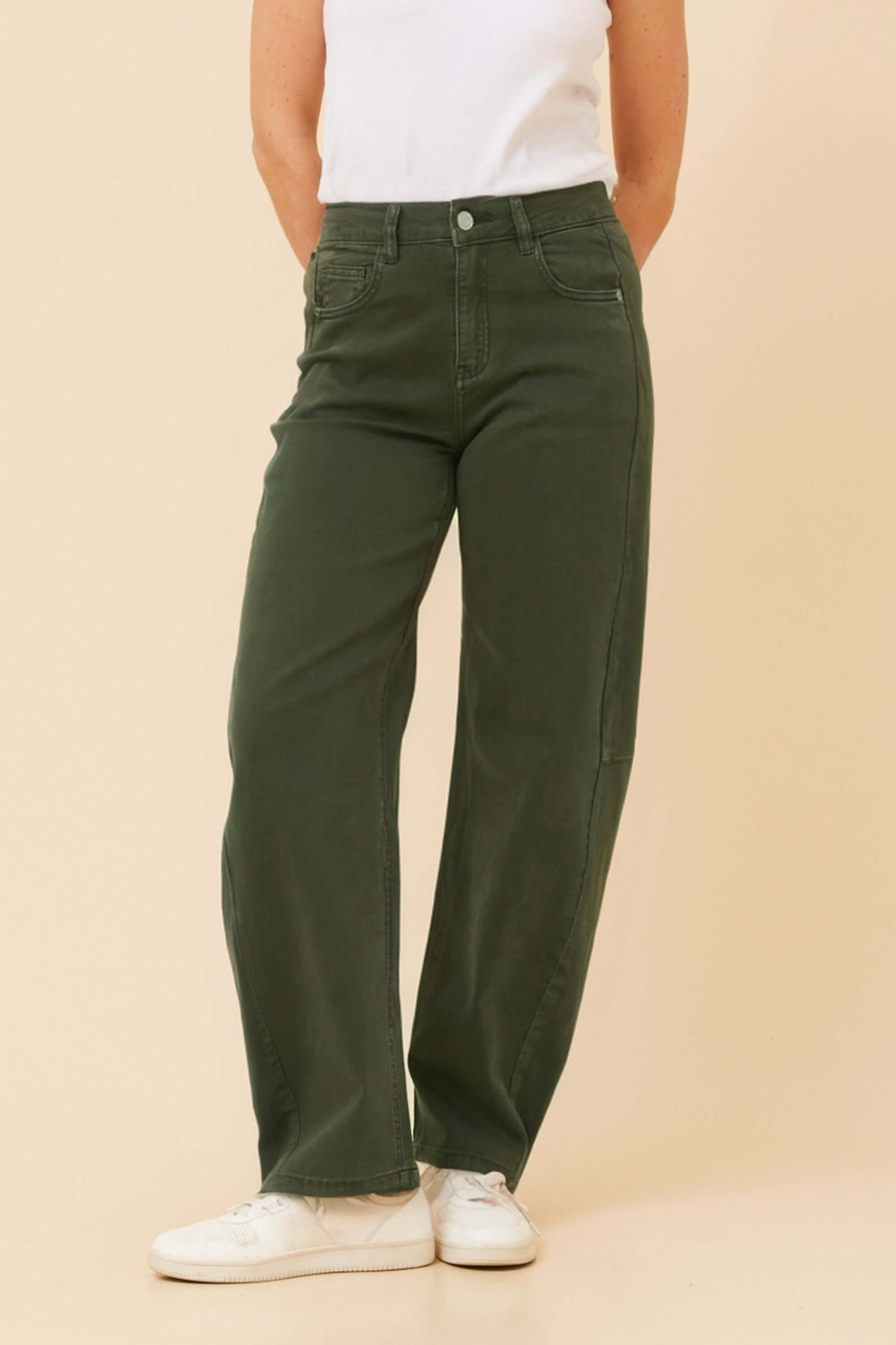 Annika Barrel Jean in khaki color featuring a relaxed fit, modern silhouette, and premium denim blend.