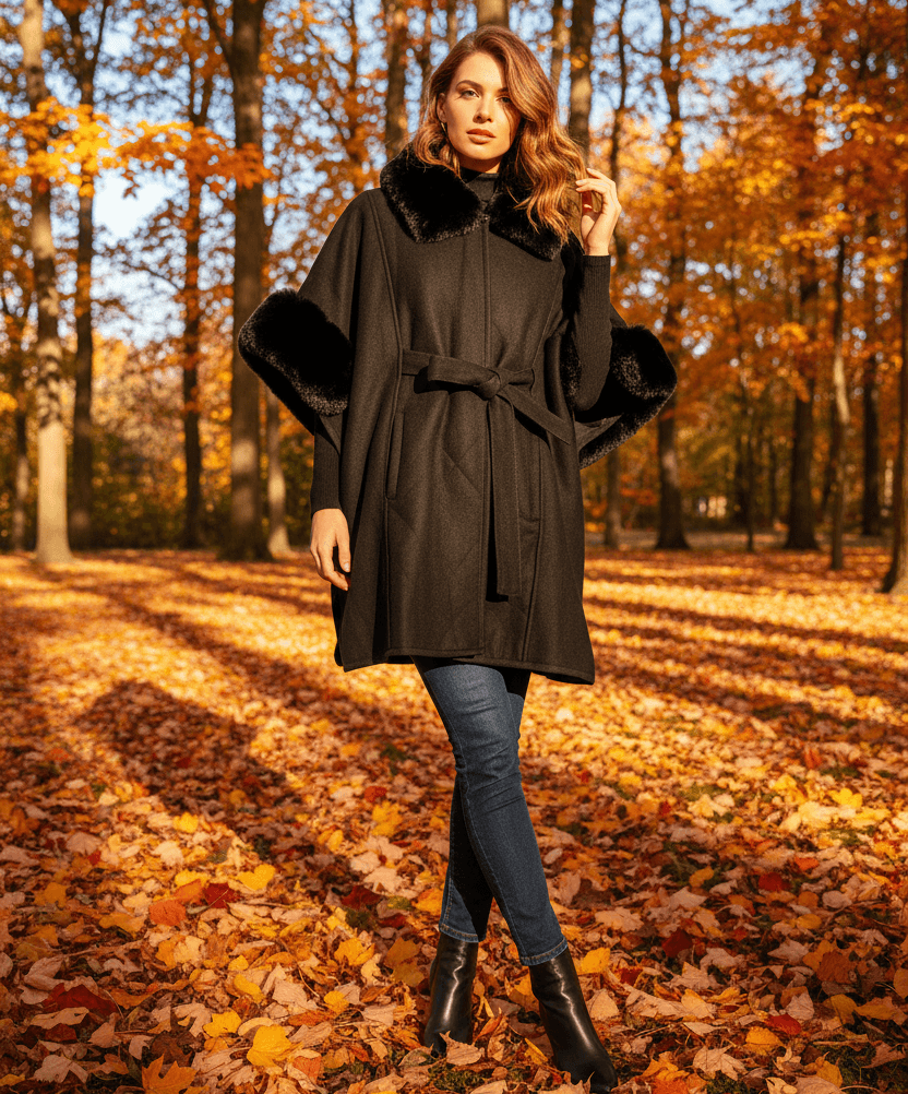 Anya Cape | Faux Fur Trim Poncho with Belt Tie – Gypsyroad Bowral