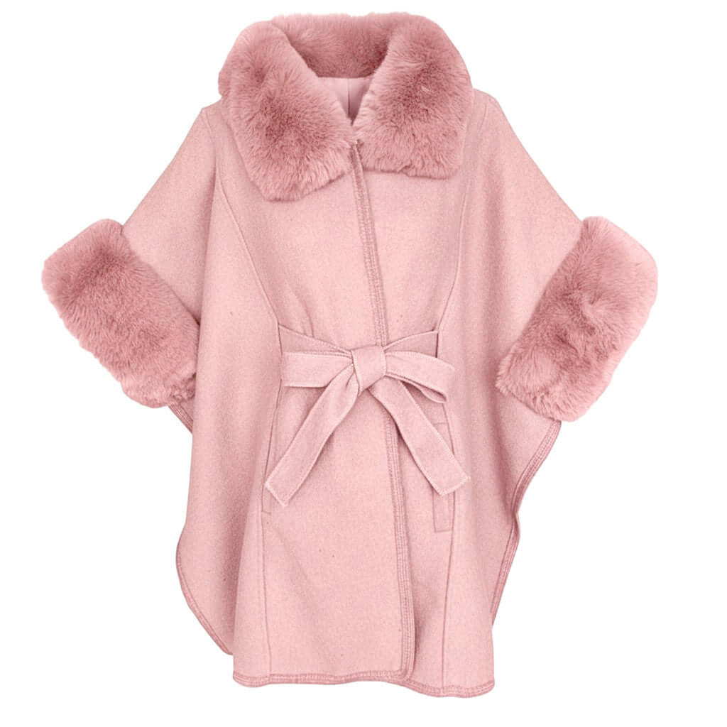 Anya Cape in soft pink with faux fur trim and collar, perfect for chic layering and cozy comfort.