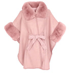 Anya Cape in soft pink with faux fur trim and collar, perfect for chic layering and cozy comfort.