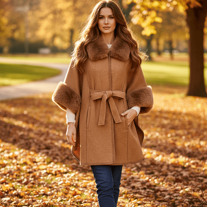 Woman in a park wearing the Anya Cape with faux fur trim, showcasing its stylish design and cozy fit.