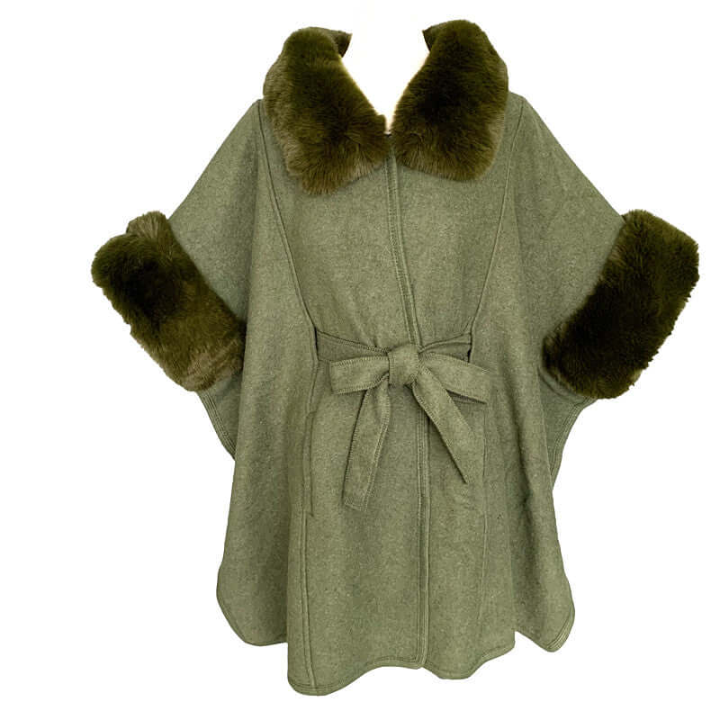 Anya Cape featuring luxurious faux fur trim and belt tie for a chic and cozy silhouette.