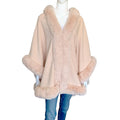 Lux Curved Faux Fur Trim Cape featured in soft beige with cozy faux fur trim and open front design.