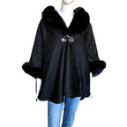 Suede Look Poncho with Faux Fur Collar and Cuffs